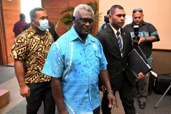 Prime Minister of the Solomon Islands Manasseh Sogavare (C) arrives for the opening remarks of Pacific Islands Forum in Suva on July 12, 2022. (William West/AFP via Getty Images)