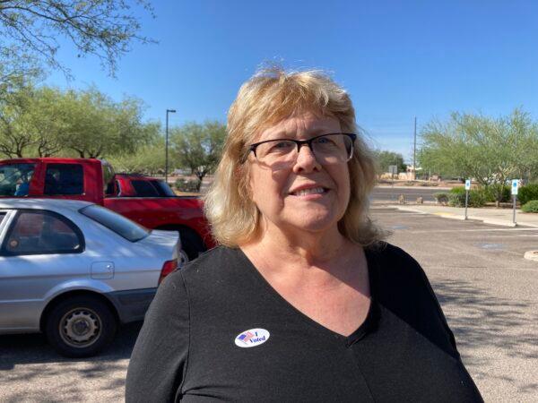 Sallie Grumka of Tucson, Ariz., said she voted a straight America First Republican ticket in the Arizona primary on Aug. 2, 2022. (Allan Stein/The Epoch Times)