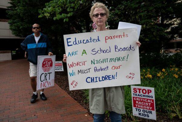 People protest the teaching of Critical Race Theory (CRT) outside the Loudoun County Government center in Leesburg, Va., on June 12, 2021. (Andrew Caballero-Reynolds/Getty Images)