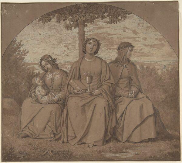 "Allegories of Faith, Hope, and Charity," 1819, by Heinrich Maria von Hess. Graphite, pen and brown ink, brush and brown wash heightened with white (partly oxidized), in an inscribed arch on brown paper. Metropolitan Museum of Art, New York. (Public Domain)