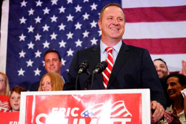Missouri Attorney General Eric Schmitt speaks at an election-night gathering after winning the Republican primary for U.S. Senate at the Sheraton in Westport Plaza in St. Louis, Mo., on Aug. 2, 2022. (Kyle Rivas/Getty Images)