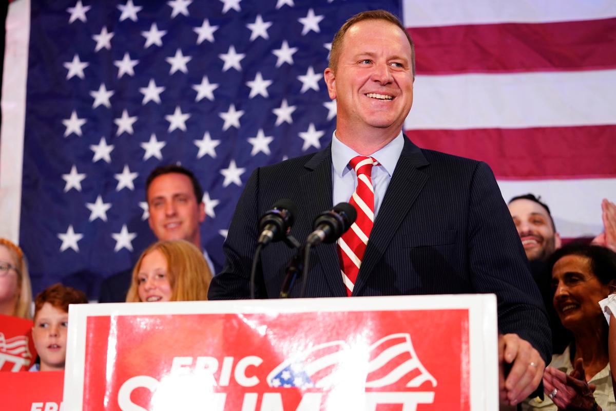 State Attorney General Eric Schmitt speaks at an election-night gathering after winning the Republican primary for U.S. Senate at the Sheraton in Westport Plaza in St Louis, Mo., on Aug. 2, 2022. (Kyle Rivas/Getty Images)