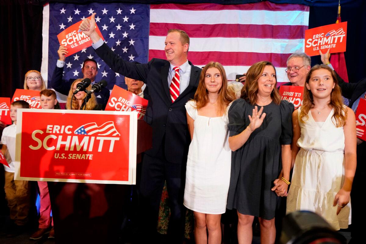 State Attorney General Eric Schmitt and family members attend an election-night gathering after winning the Republican primary for U.S. Senate at the Sheraton in Westport Plaza in St Louis, Mo., on Aug. 2, 2022. (Kyle Rivas/Getty Images)