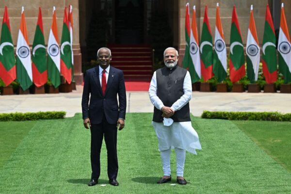 India’s Prime Minister Narendra Modi (R) and Maldives' President Ibrahim Mohamed Solih before their meeting at the Hyderabad House in New Delhi on Aug. 2, 2022. (Money Sharma/AFP via Getty Images)