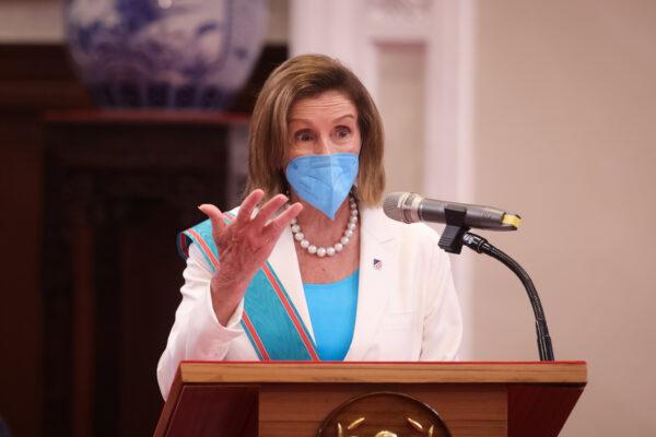 House Speaker Nancy Pelosi (D-Calif.) speaks after receiving the Order of Propitious Clouds with Special Grand Cordon, Taiwan’s highest civilian honor, from Taiwanese President Tsai Ing-wen at the president's office, in Taipei, Taiwan, on Aug. 3, 2022. (Chien Chih-Hung/Office of The President via Getty Images)