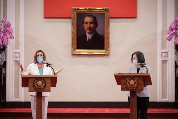 U.S. House Speaker Nancy Pelosi (D-Calif.) speaks after receiving the Order of Propitious Clouds with Special Grand Cordon, Taiwan’s highest civilian honor, from Taiwan's President Tsai Ing-wen (R) at the president's office in Taipei, Taiwan, on Aug. 3, 2022. (Handout/Getty Images)