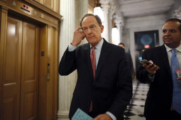 Sen. Pat Toomey (R-Pa.) heads into the Senate chamber at the U.S. Capitol in Washington, on June 23, 2022. (Chip Somodevilla/Getty Images)
