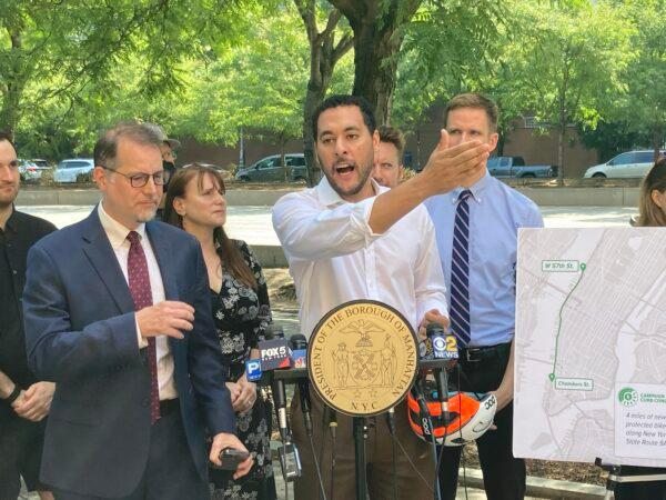 New York City Council Member from District 1 Chris Marte cycles the current bike lane 3 or 4 times a week. He says that an additional lane is 'an easy idea that could be implemented' to resolve complaints he hears from locals. (David Wagner/The Epoch Times)