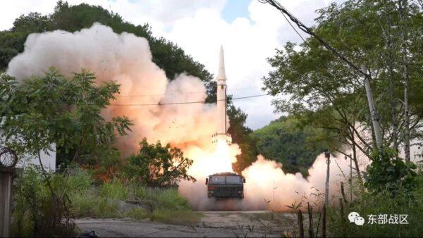 The Rocket Force under the Eastern Theatre Command of China's People's Liberation Army (PLA) fires live missiles into the waters near Taiwan, from an undisclosed location in China on Aug. 4, 2022. (Eastern Theatre Command/Handout via Reuters)