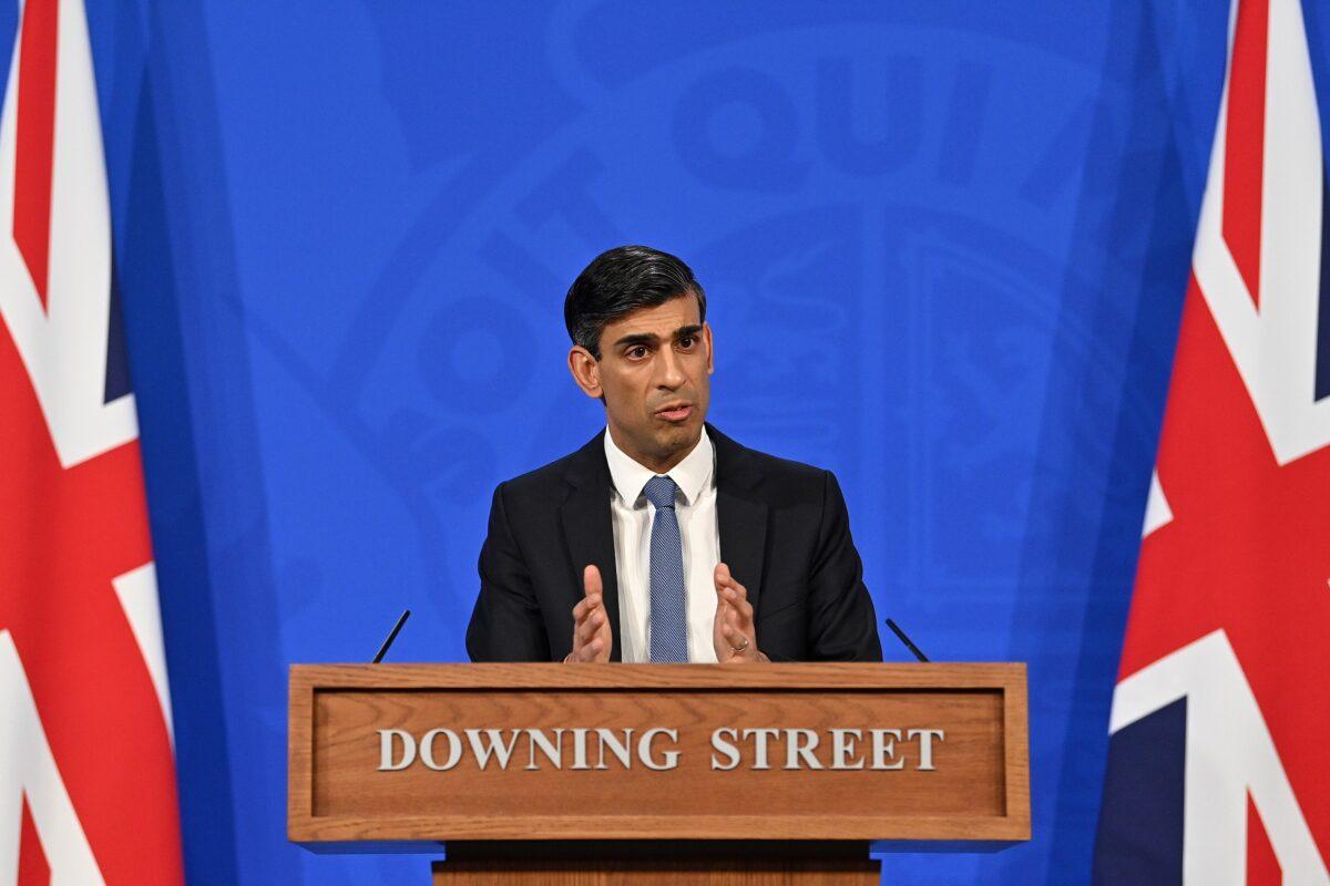 Britain's Chancellor of the Exchequer Rishi Sunak hosts a press conference in the Downing Street Briefing Room in London, England, on Feb. 3, 2022. (Justin Tallis - WPA Pool/Getty Images)