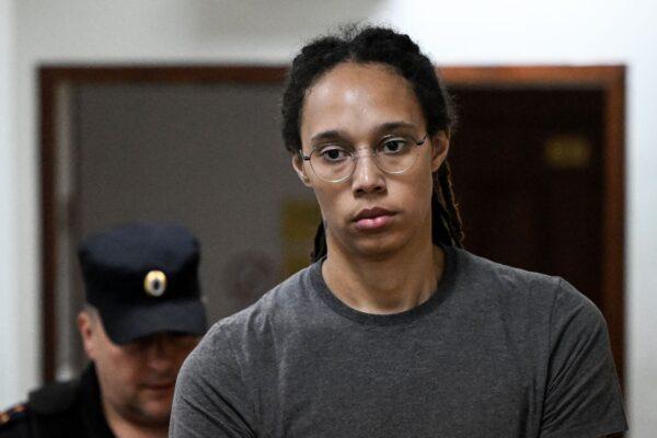 WNBA basketball player Brittney Griner, who was detained at Moscow's Sheremetyevo airport and later charged with illegal possession of cannabis, arrives to a hearing at the Khimki Court, outside Moscow on Aug. 4, 2022. (Kirill Kudryavtsev/AFP via Getty Images)