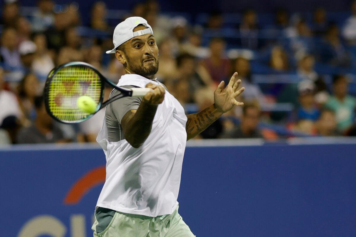 Nick Kyrgios of Australia hits a forehand against Tommy Paul of the United States (not pictured) on day three of the Citi Open at Rock Creek Park Tennis Center in Washington on Aug 3, 2022. (Geoff Burke/USA TODAY Sports via Reuters)