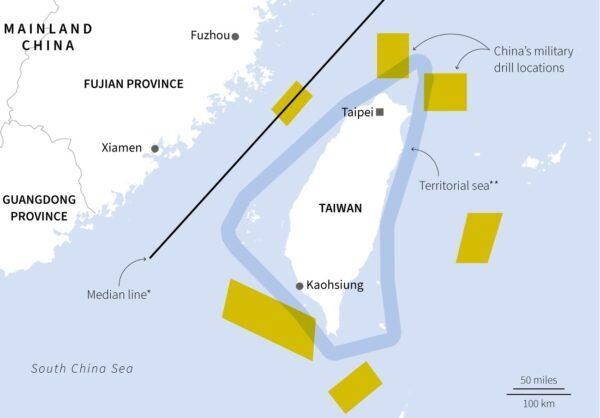 A map shows the locations of China's military drills in six zones around Taiwan from Aug. 4 to Aug. 7., 2022. (Screenshot via The Epoch Times via Reuters)