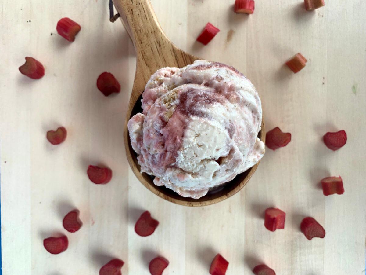 Wild Scoops's rhubarb crumble ice cream is crowd-sourced: Locals bring their backyard harvest to trade for ice cream coupons. (Courtesy of Wild Scoops)