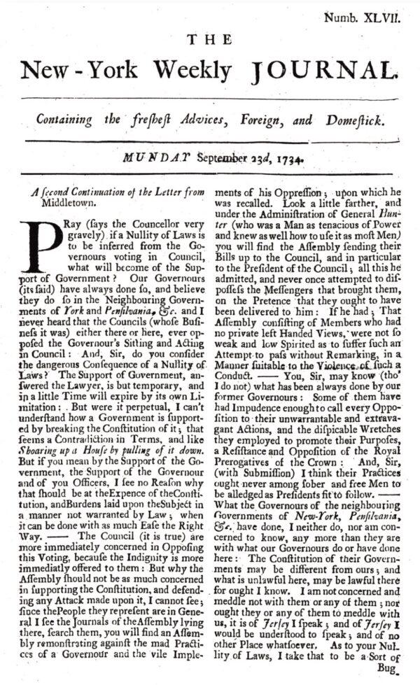 A page from the Sept. 23, 1734, issue of Zenger’s New York Weekly Journal. (XelaWho (CC BY-SA 4.0, CreativeCommons.org/ licenses/by-sa/4.0))