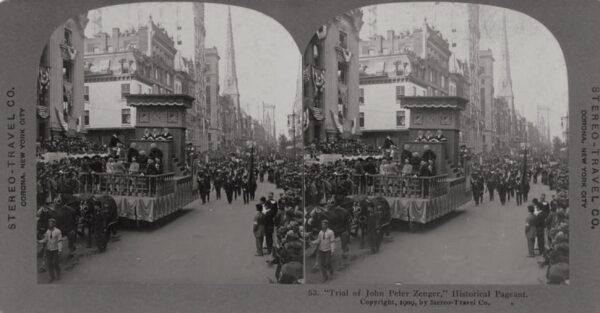 A 1909 stereograph card depicts a New York City parade float re-enacting the 1735 trial of John Peter Zenger. (Library of Congress)