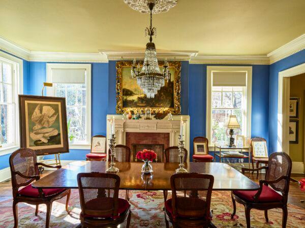 “The Iceland Falcon,” a chromolithograph by John James Audubon, is displayed in the elegant dining room. (Imaginary Lines, Mary Brandt Photography)