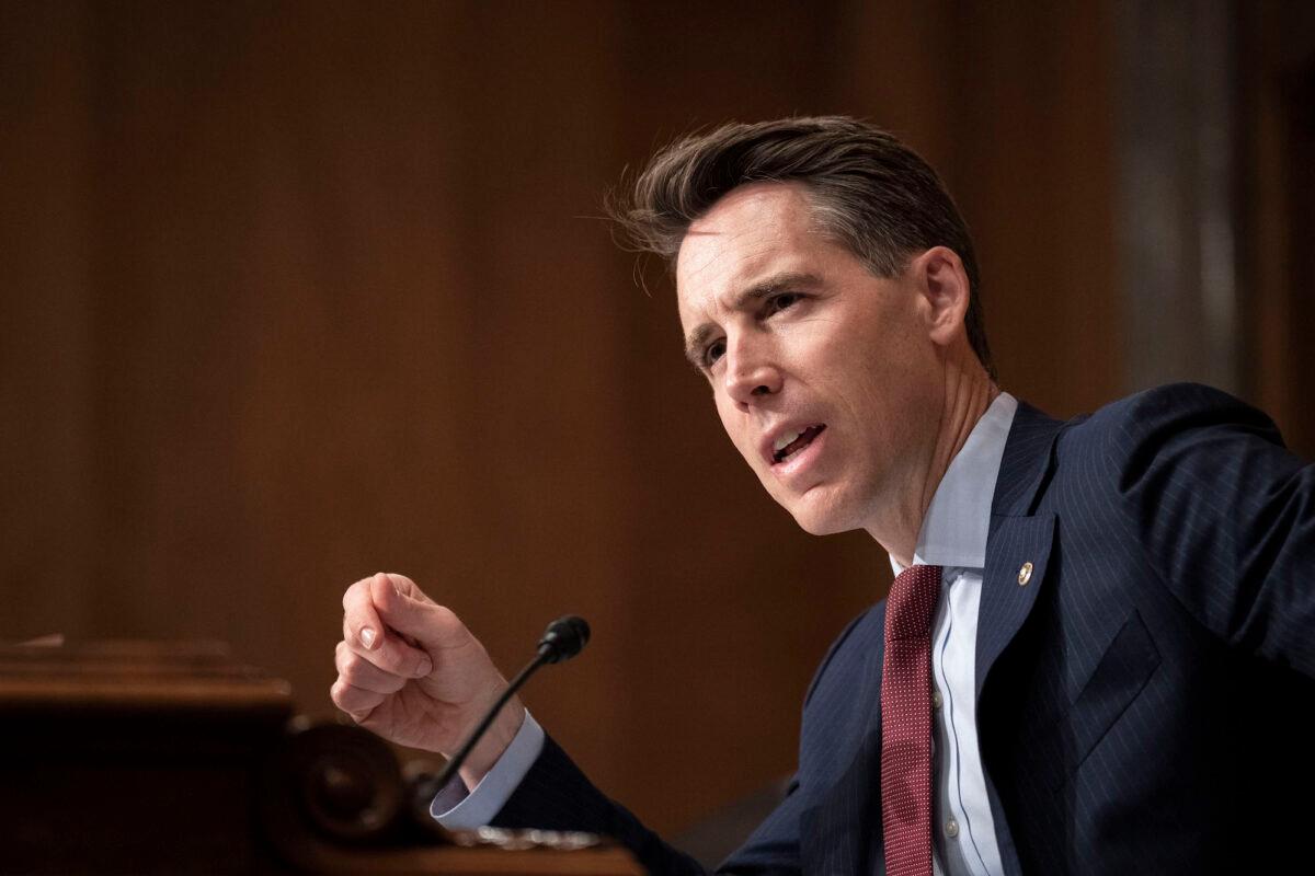 Sen. Josh Hawley (R-Mo.) speaks during a Senate Homeland Security Subcommittee on Emerging Threats and Spending Oversight on Capitol Hill in Washington on Aug. 3, 2022. (Drew Angerer/Getty Images)