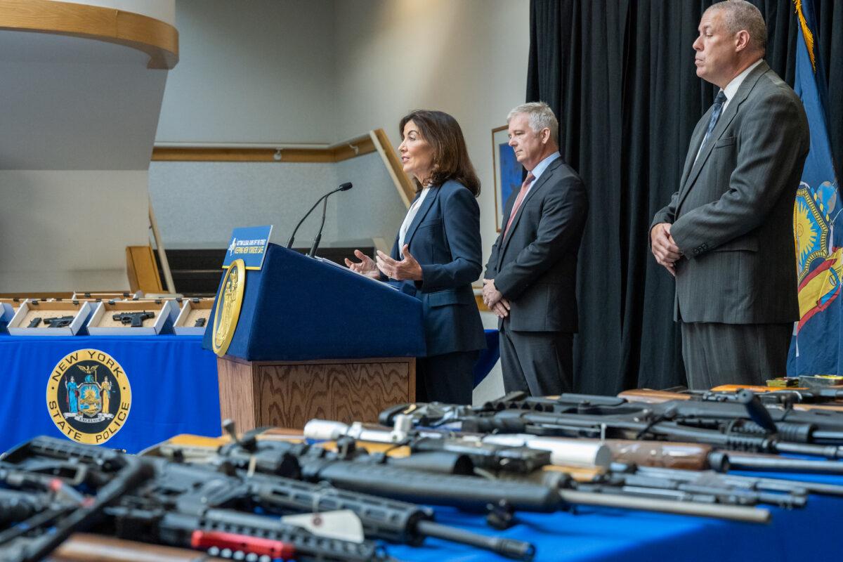 New York Gov. Kathy Hochul announces that state police continue to increase gun seizures statewide on Aug. 4, 2022. (Darren McGee/Office of Governor Kathy Hochul)