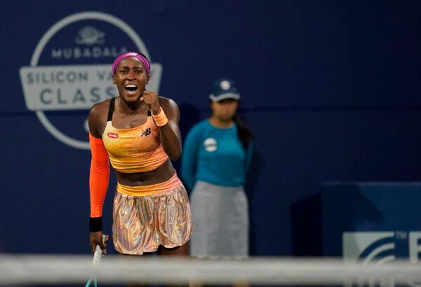 Coco Gauff, of the United States, celebrates her victory against Naomi Osaka, of Japan, at the Mubadala Silicon Valley Classic tennis tournament in San Jose, Calif., Thursday, Aug. 4, 2022. (Godofredo A. Vásquez/AP Photo)