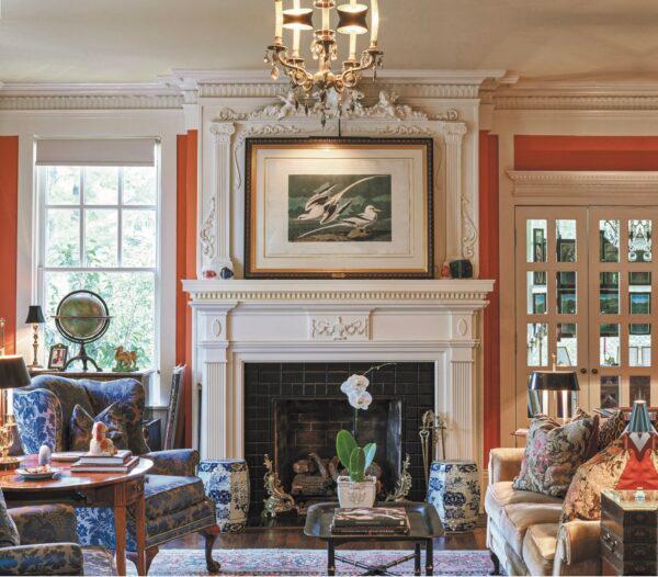 “The Tropic Bird,” a hand- colored etching from John James Audubon’s “The Birds of America,” 1835, is mounted above the living room mantlepiece. (Imaginary Lines, Mary Brandt Photography)