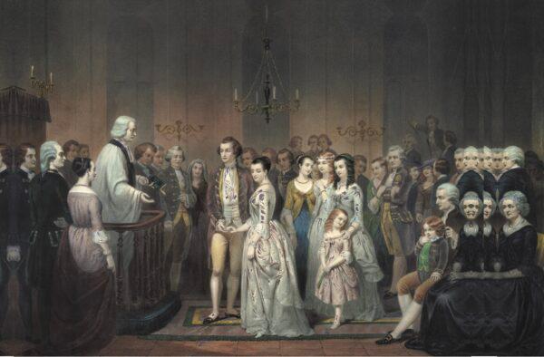 “The Marriage of George Washington to Martha Custis” by Junius Brutus Stearns, 1849. Oil<br/>on Canvas. Virginia Museum of Fine Arts. (DigitalVision Vectors/Getty Images)