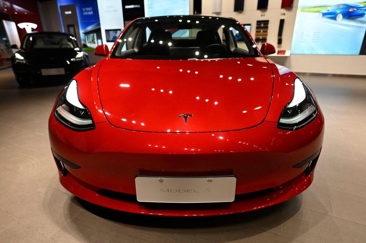 A Tesla Model 3 car at a Tesla showroom at a shopping mall in Beijing on April 29, 2022. (Jade Gao/AFP via Getty Images)