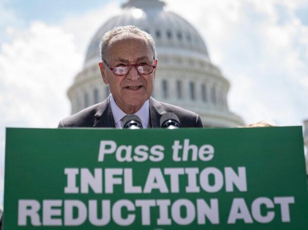 Senate Majority Leader Chuck Schumer (D-NY) speaks during a news conference about the Inflation Reduction Act outside the U.S. Capitol in Washington, on Aug. 4, 2022. (Drew Angerer/Getty Images)