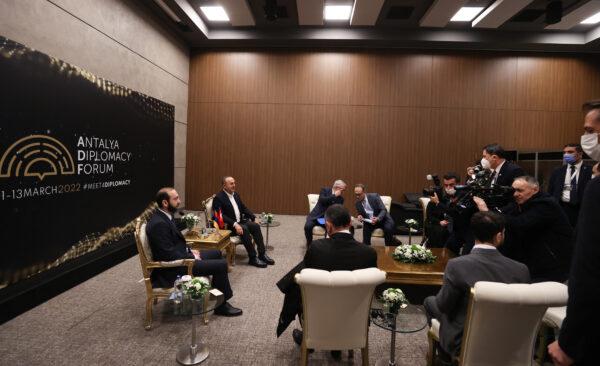 Turkish Foreign Minister Mevlut Cavusoglu meets with his Armenian counterpart Ararat Mirzoyan on March 12, 2022, in Antalya, Turkey. (MFA Press Office via dia images via Getty Images)