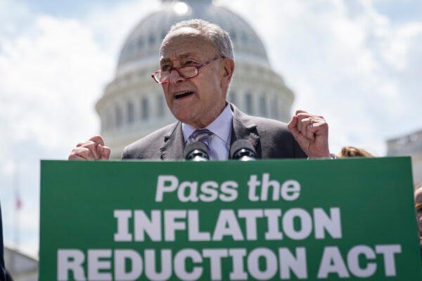 Senate Majority Leader Chuck Schumer (D-N.Y.) speaks during a news conference about the Inflation Reduction Act outside the U.S. Capitol in Washington, on Aug. 4, 2022. (Drew Angerer/Getty Images)