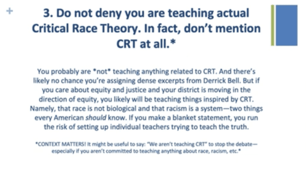 A page from the Critical Race Theory training given to Pennsylvania school administrators in 2021 and taught by Justice Leaders Collaborative. (Moms for Liberty/screenshot)