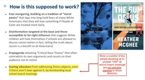 A page from the Critical Race Theory training given to Pennsylvania school administrators in 2021 and taught by Justice Leaders Collaborative. (Moms for Liberty/screenshot)
