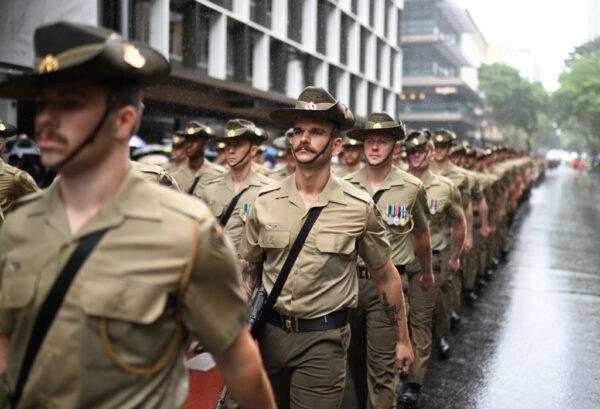 Members of the Australian Defence Forces (ADF) march during an Anzac Day parade in Brisbane, Australia, on April 25, 2022. (Dan Peled/Getty Images)