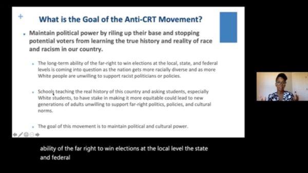 A page from a 2021 training on Critical Race Theory for Pennsylvania school administrators, presented by Shayla Reese Griffin, Justice Leaders Collaborative. (Moms for Liberty/screenshot)