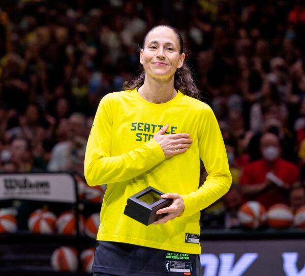 Seattle Storm's Sue Bird becomes emotional as the Climate Pledge Arena crowd gives her an ovation marking her retirement at Climate Pledge Arena in Seattle on Aug. 7, 2022. (Dean Rutz/The Seattle Times via AP)