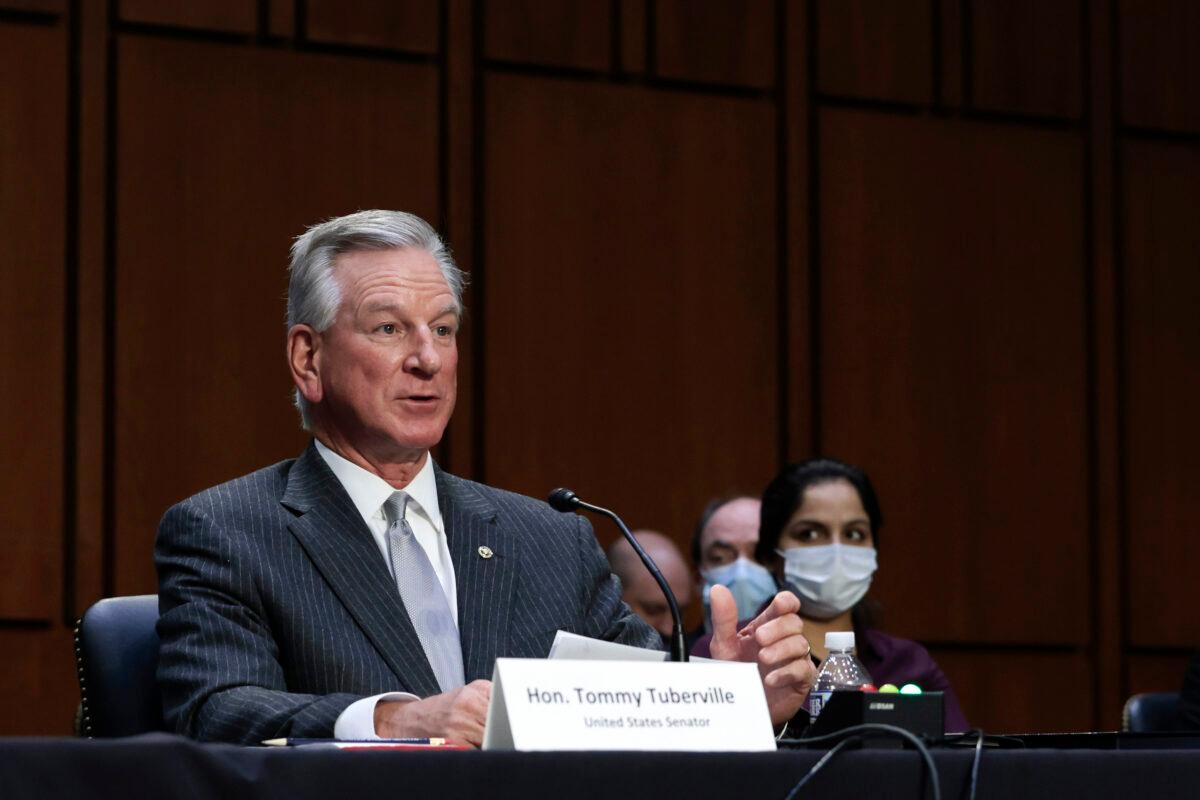 Sen. Tommy Tuberville (R-Ala.) speaks during a Senate Budget Committee hearing in the Hart Senate Office building in Washington on Feb. 17, 2022. (Anna Moneymaker/Getty Images)