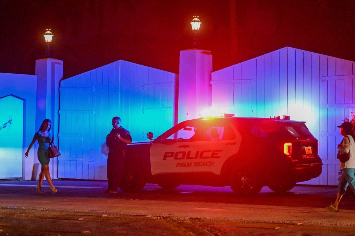 A police car outside former President Donald Trump's residence in Mar-a-Lago, Palm Beach, Fla., on Aug. 8, 2022. (Giorgio Viera/AFP via Getty Images)