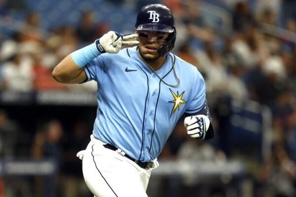 Tampa Bay Rays third baseman Isaac Paredes (17) celebrates toward the dugout after hitting a two-run home run against the Los Angeles Angels during the third inning at Tropicana Field in St. Petersburg, Flor., Aug 25, 2022. (Kim Klement/USA TODAY Sports via Field Level Media)