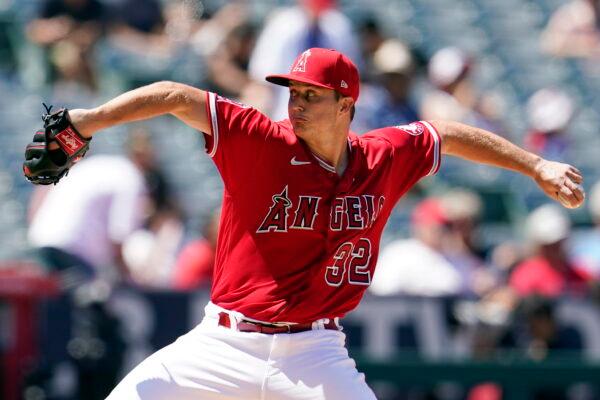 Los Angeles Angels starting pitcher Tucker Davidson throws to a Minnesota Twins batter during the fourth inning of a baseball game in Anaheim, Calif., on Aug. 14, 2022. (Marcio Jose Sanchez/AP Photo)