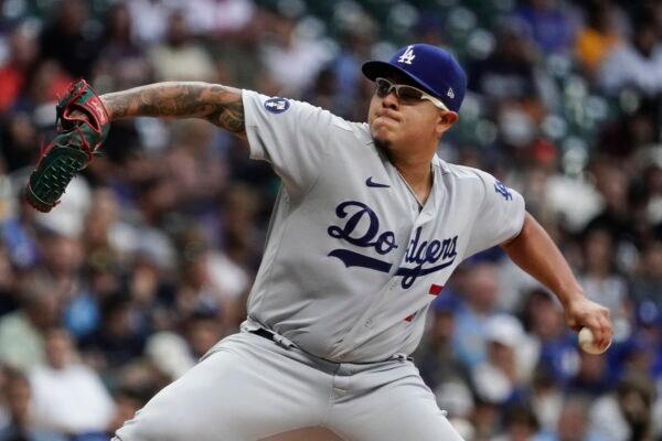 Los Angeles Dodgers starting pitcher Julio Urias throws during the first inning of a baseball game against the Milwaukee Brewers in Milwaukee, Aug. 15, 2022. (Morry Gash/ AP Photo)