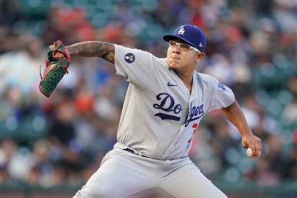 Los Angeles Dodgers' Julio Urias pitches against the San Francisco Giants during the first inning of a baseball game in San Francisco, Wednesday, Aug. 3, 2022. (Jeff Chiu/AP Photo)