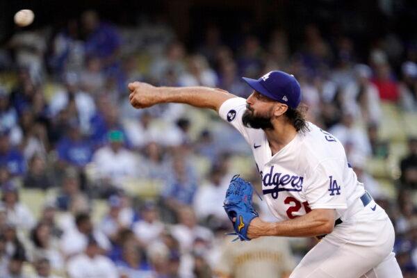 Los Angeles Dodgers starting pitcher Tony Gonsolin throws to the plate during the first inning of a baseball game against the San Diego Padres Friday, in Los Angeles, Aug. 5, 2022. (Mark J. Terrill/AP Photo)