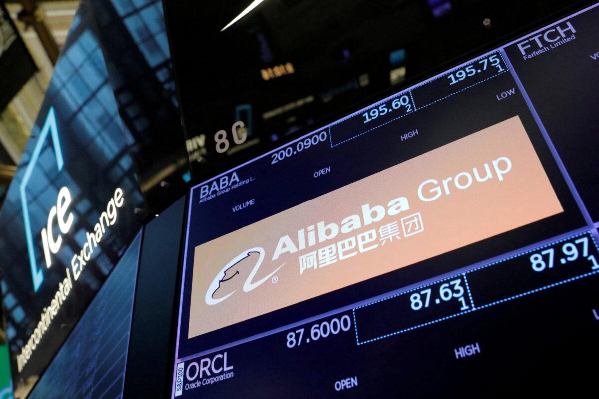 The logo for Alibaba Group is seen on the trading floor at the New York Stock Exchange on Aug. 3, 2021. (Andrew Kelly/Reuters)