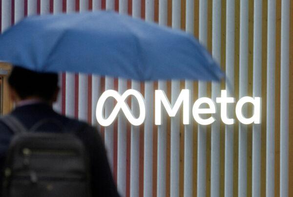 The logo of Meta Platforms in Davos, Switzerland, on May 22, 2022. (Arnd Wiegmann/Reuters)