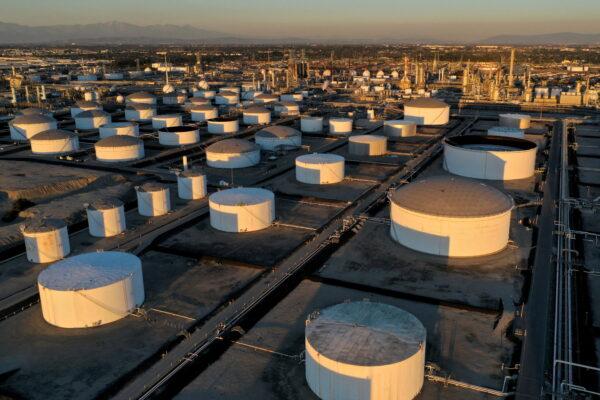 Storage tanks at Marathon Petroleum's Los Angeles Refinery, which processes domestic and imported crude oil into California Air Resources Board (CARB) gasoline, CARB diesel fuel, and other petroleum products, in Carson, Calif., on March 11, 2022. (Bing Guan/Reuters)