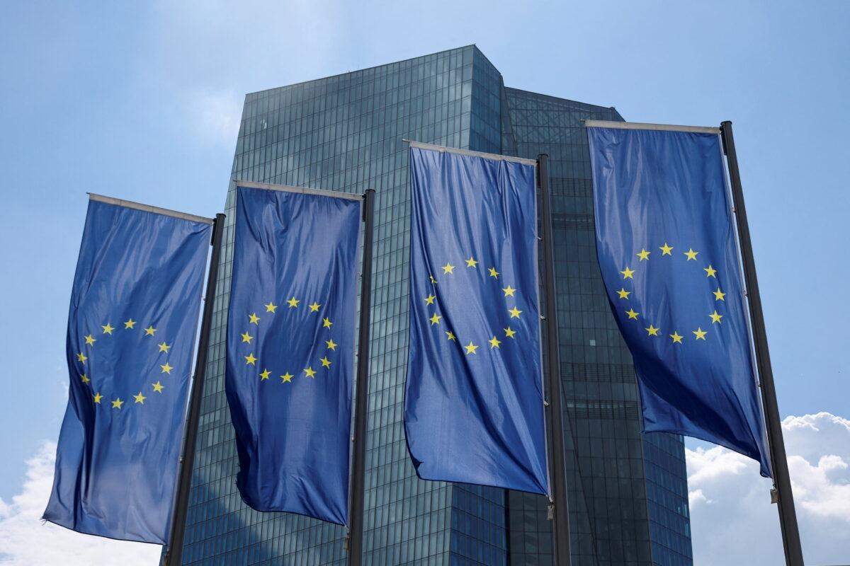 European flags are seen in front of the European Central Bank (ECB) building in Frankfurt, Germany, on July 21, 2022. (Wolfgang Rattay/Reuters)