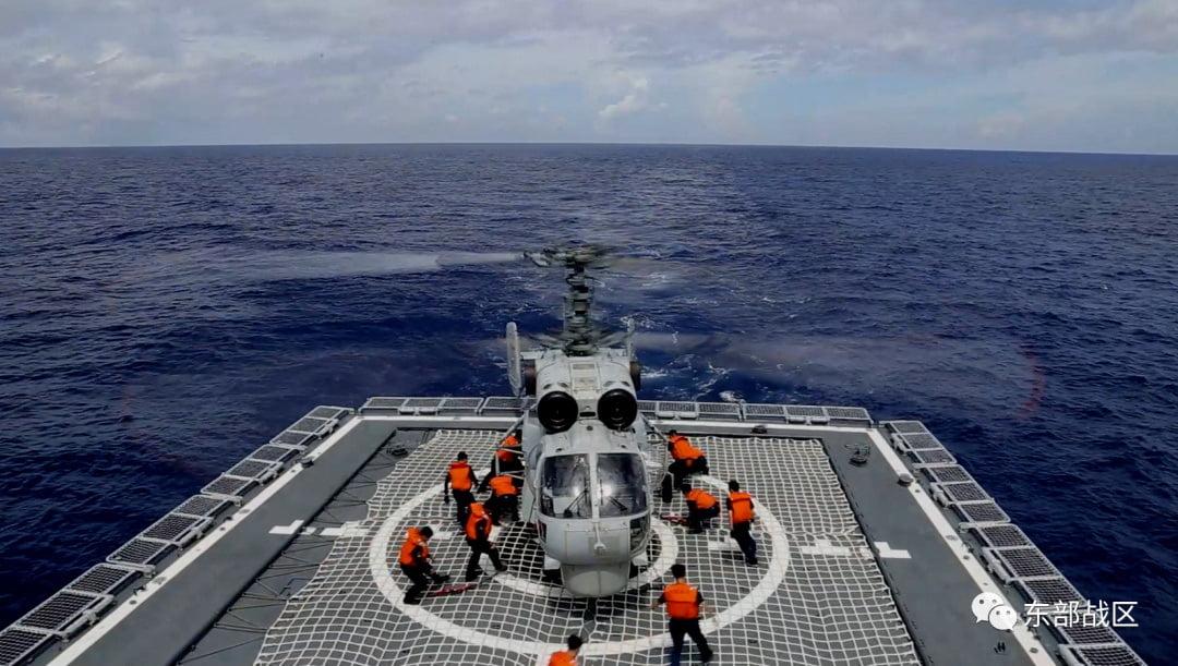 A Navy Force helicopter under the Eastern Theatre Command of China's PLA takes part in military exercises in the waters around Taiwan, at an undisclosed location on Aug. 8, 2022. (Eastern Theatre Command/Handout via Reuters)