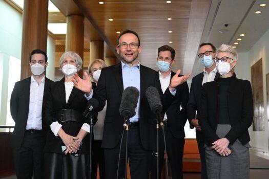 Greens leader Adam Bandt at a press conference with newly sworn in Greens senators and members at Parliament House, including Elizabeth Watson-Brown (standing 2nd from the L) in Canberra, Australia on July 26, 2022. (AAP Image/Mick Tsikas)