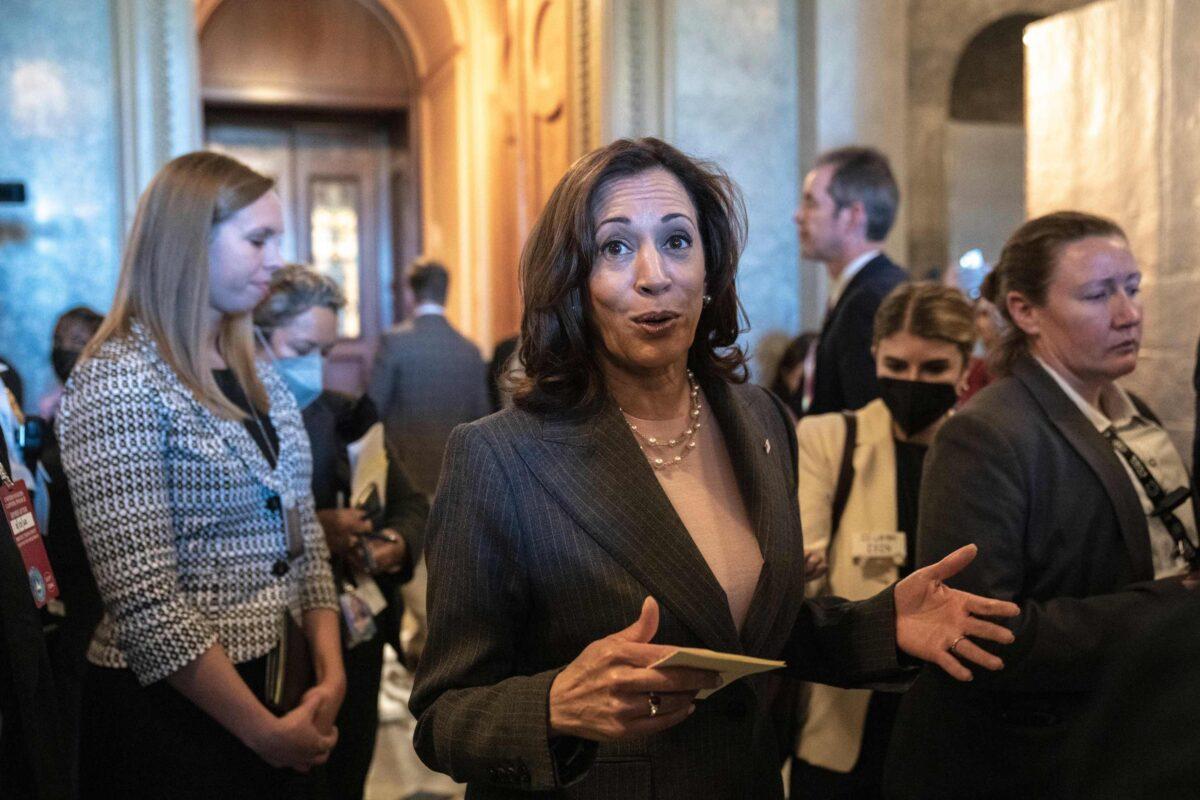 Vice President Kamala Harris speaks to reporters outside the Senate Chamber after passage of the Inflation Reduction Act at the U.S. Capitol in Washington on Aug. 7, 2022. (Drew Angerer/Getty Images)