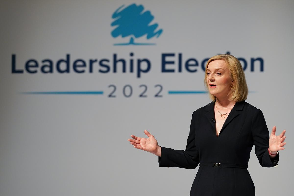 Conservative Leadership hopeful Liz Truss speaks at the fifth Conservative leadership hustings before an audience of Party members and media at the Darlington Hippodrome in Darlington, England, on Aug. 9, 2022. (Ian Forsyth/Getty Images)